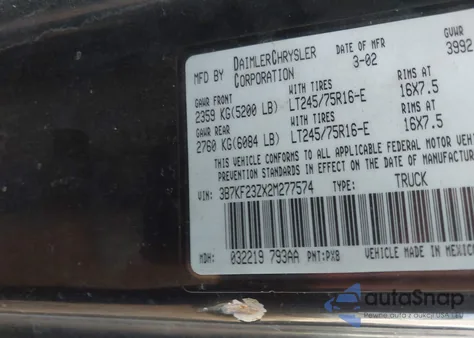 2002 Dodge Ram 2500 St z USA, uszkodzony, nr VIN 3B7KF23ZX2M277574